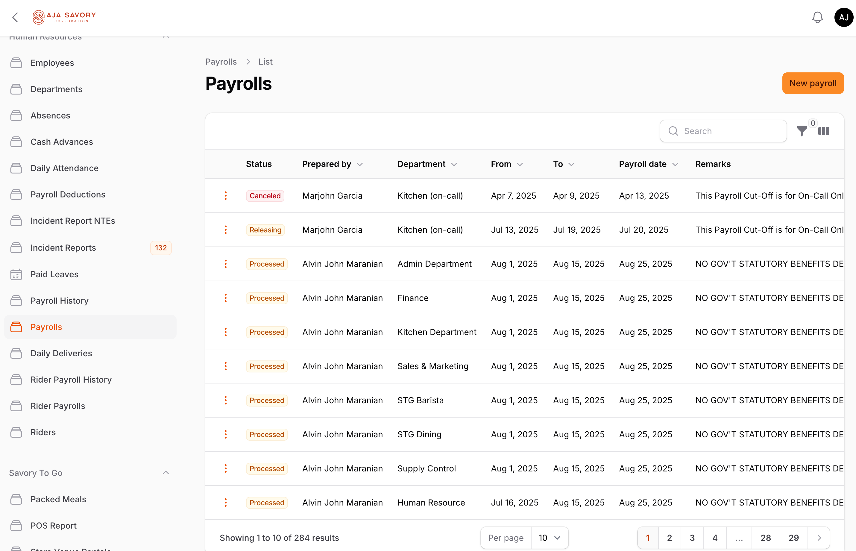 HR and Payroll Module for AJA Savory