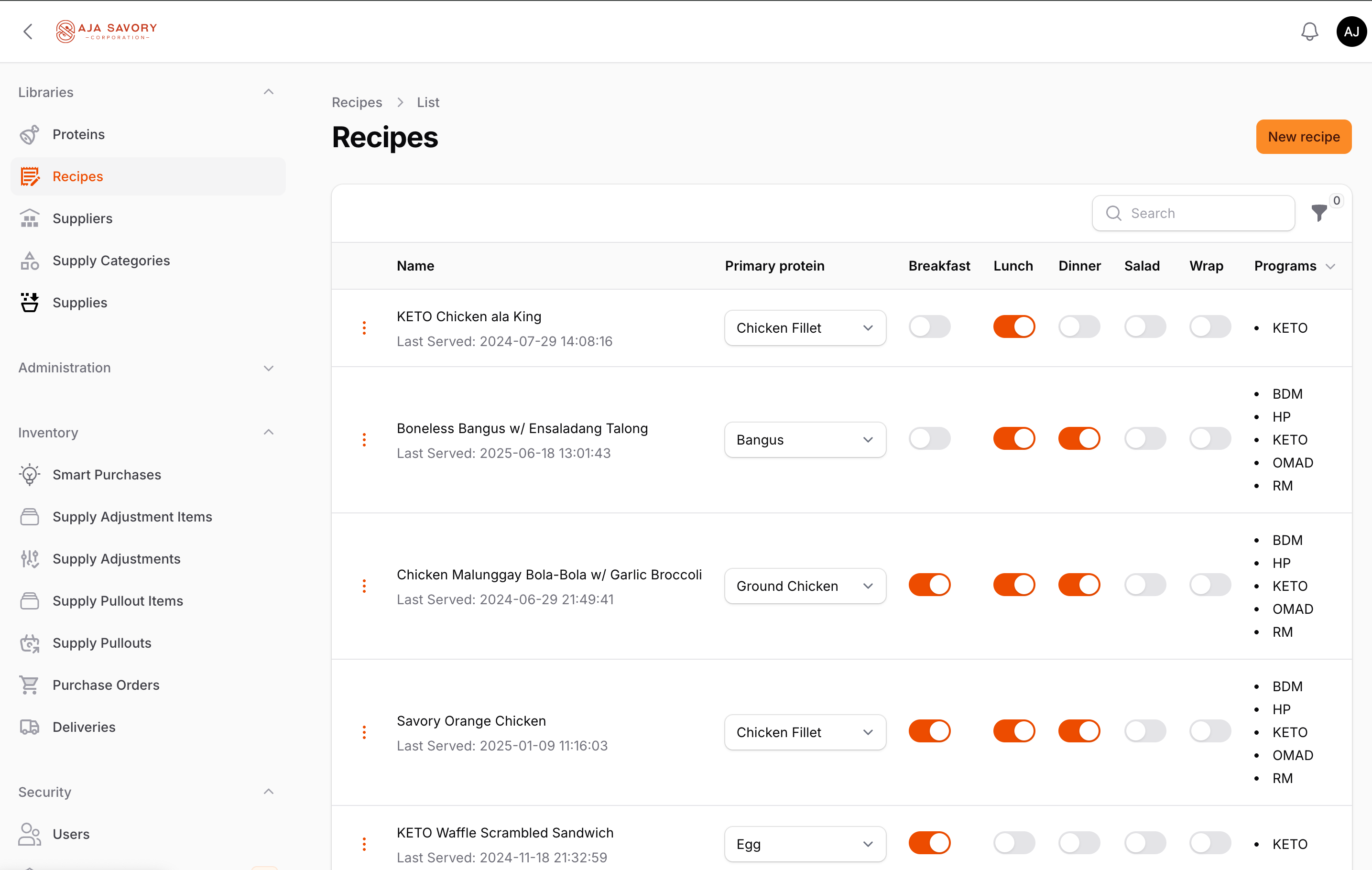 Inventory and Supply Chain Module for AJA Savory