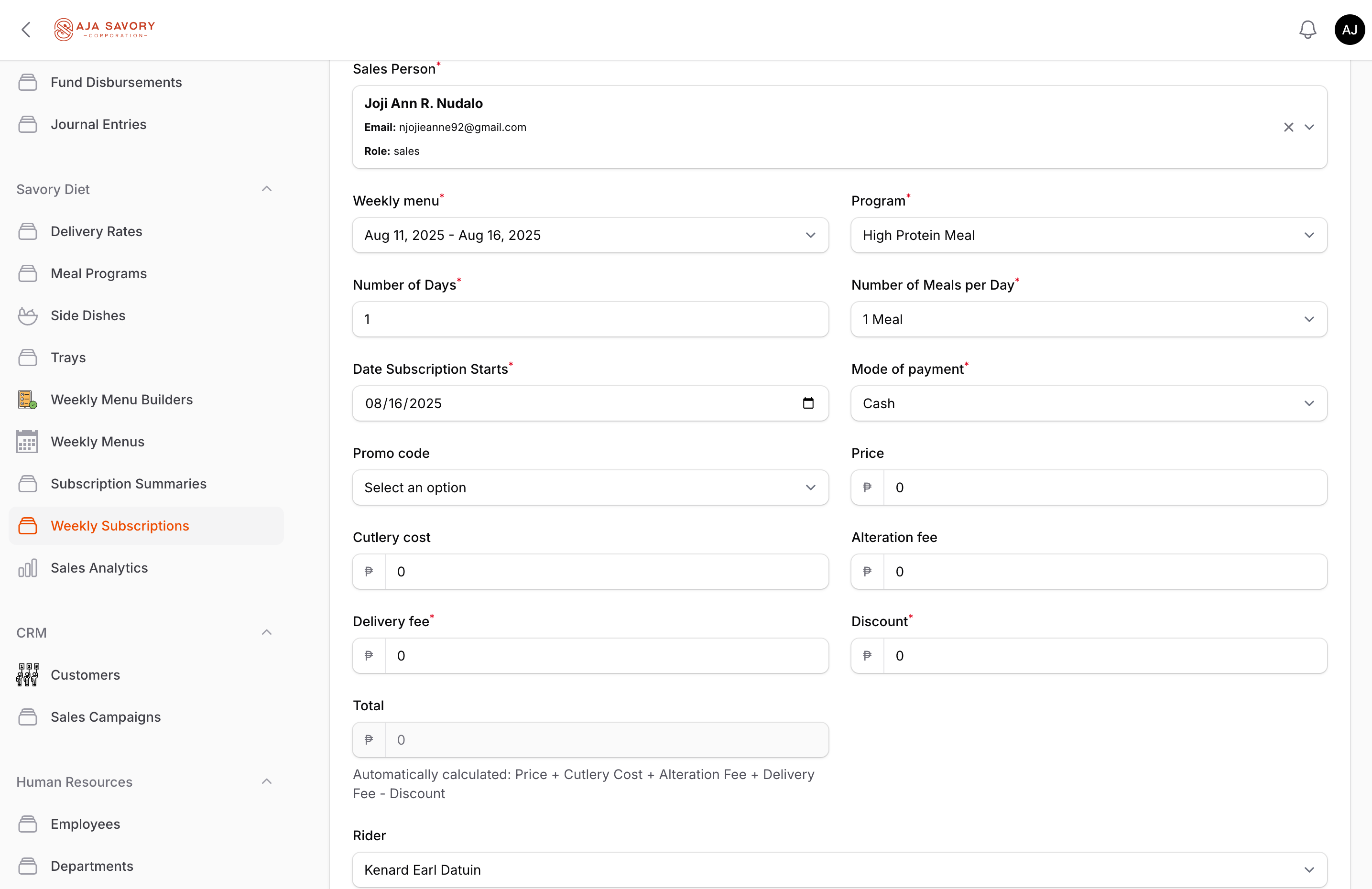 Meal Subscription Management Module for AJA Savory