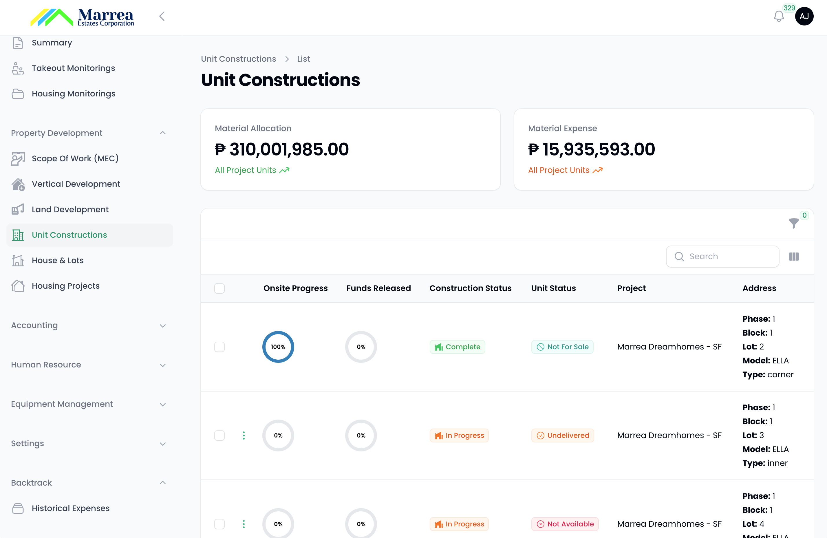 Custom ERP Dashboard developed for Marrea Estates and Builders